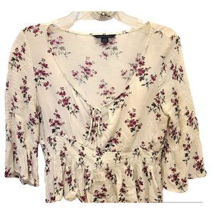 American Eagle White Floral Ruffled Top Medium